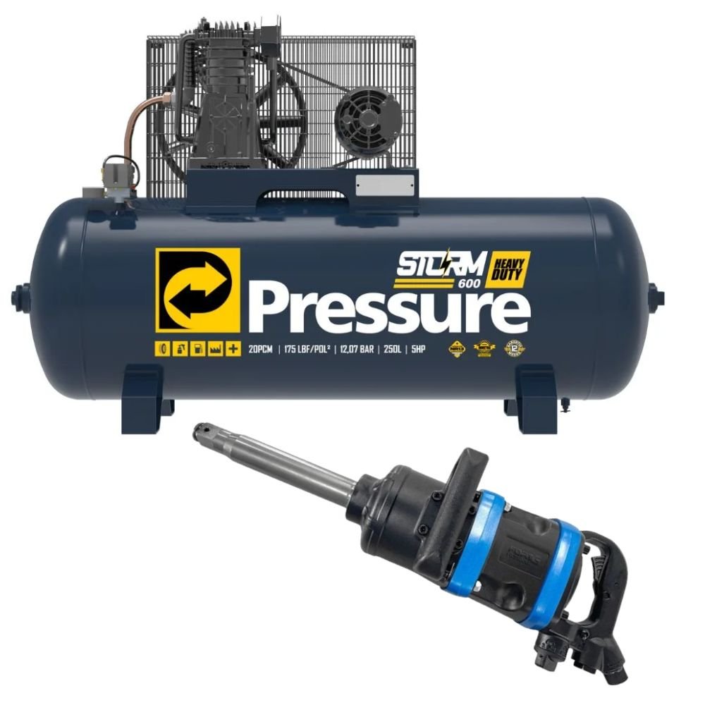 Compressor de Ar Storm Heavy Duty Alta Pressão Industrial 20 Pés 250 Litros 220/380V + Chave Parafusadeira de Impacto 1 Pol FG3500U FORTG Pro - Imagem zoom