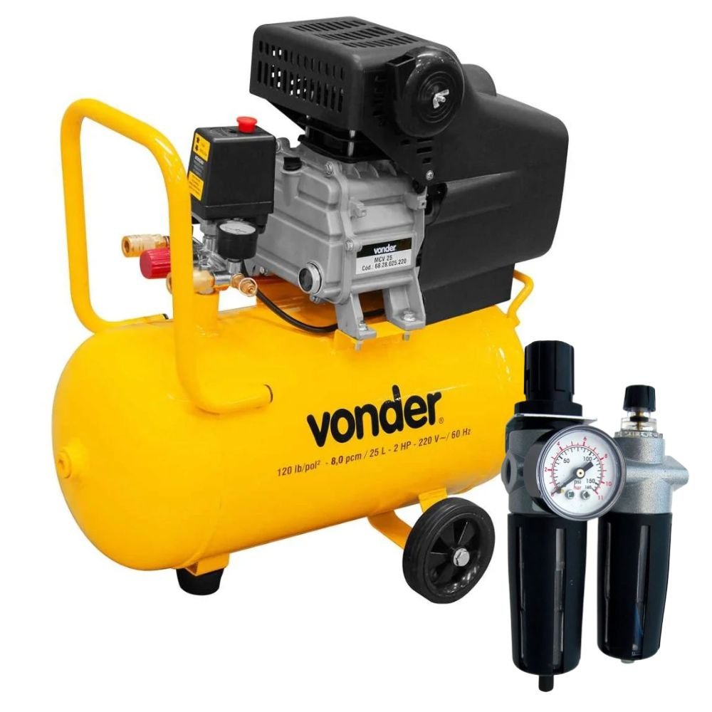 Motocompressor de Ar MCV 25 8,0 pcm 25 litros  + Conjunto Mini Filtro Regulador e Lubrificador 1/4Pol. - Imagem zoom