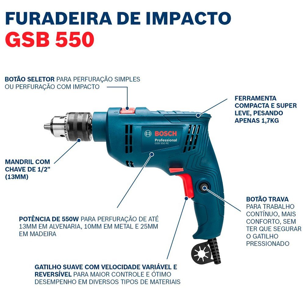 Furadeira de Impacto GSB 550 RE 1 2 220V BOSCH 06011B60E0 000