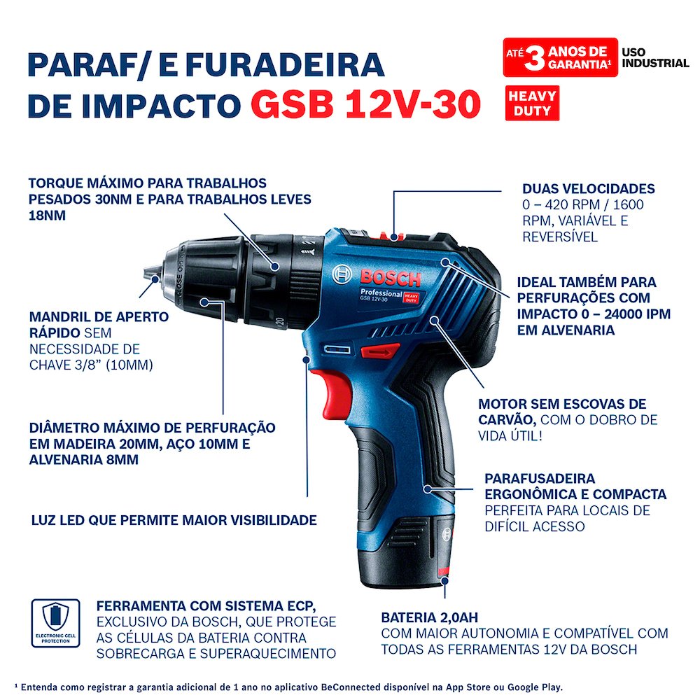 Parafusadeira Furadeira Impacto GSB 12V-30 Brushless 3/8 Pol. 12V com 2 Baterias 2.0Ah Carregador Bivolt e Maleta - Imagem