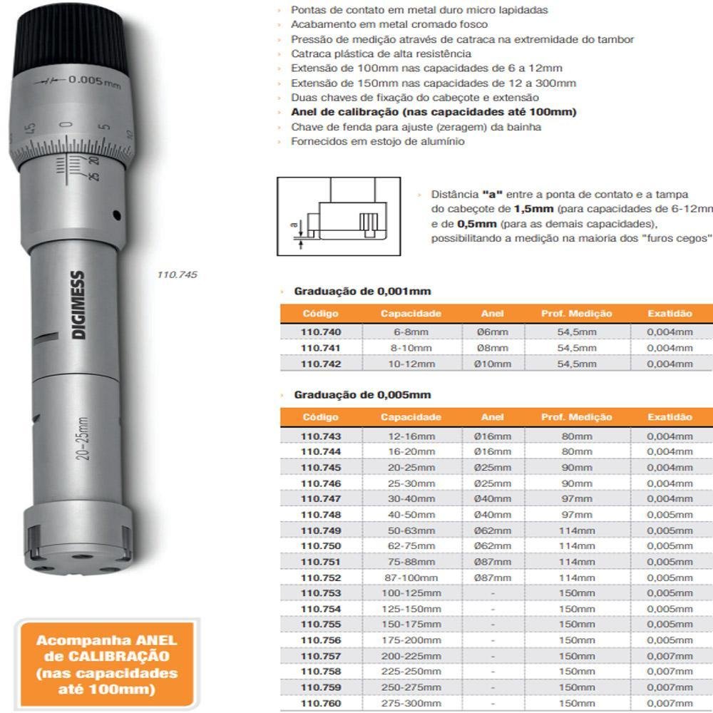 Micrômetros Internos com 3 Pontas de Contato - Cap. 62-75 mm - Grad. 0,005mm - Ref. 110.750 - Imagem zoom