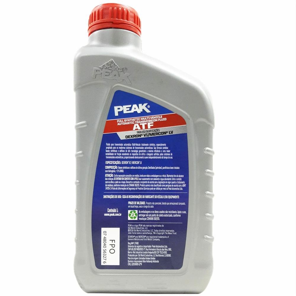 Óleo de Transmissão Automática Peak ATF Dexron VI Mercon LV 100% Sintético Multi Funcional 1L - Imagem