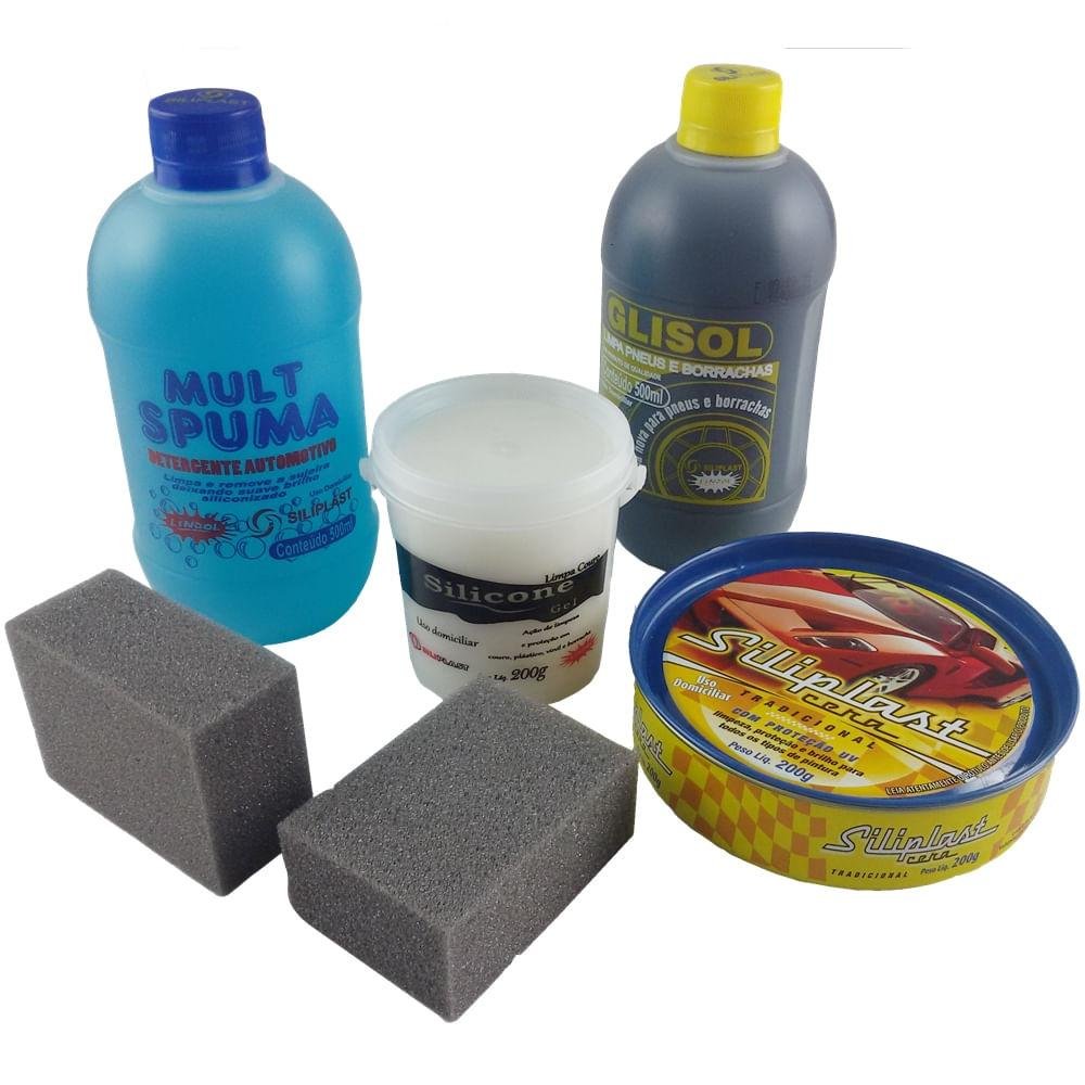 Kit de Limpeza Plus Siliplast - 1 Shampoo 500ml - 1 Limpa Pneu 500ml - 1 Silicone Gel 200g - 1 Cera Polidora 200g - Duas Esponjas-Siliplast