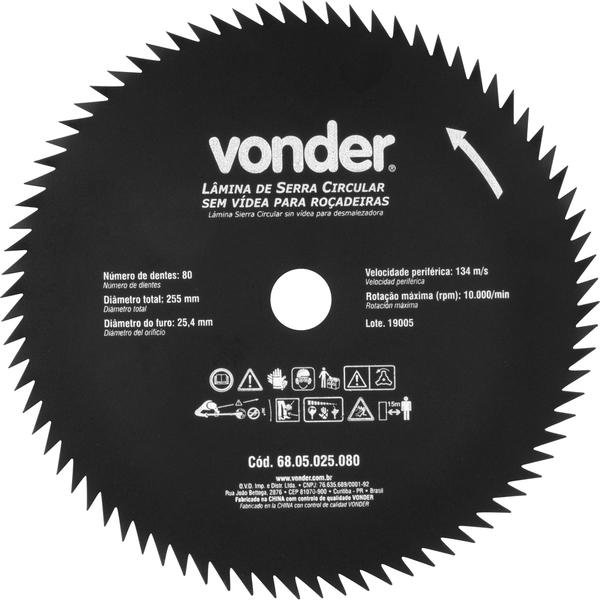 Lâmina Circular sem Vídea para Roçadeiras 255 mm  x 254 mm  80 Dentes-VONDER-6805025080
