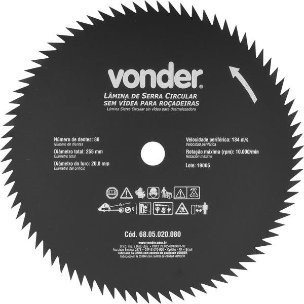 Lâmina Circular sem Vídea para Roçadeiras 255 mm  x 20 mm  80 Dentes-VONDER-6805020080