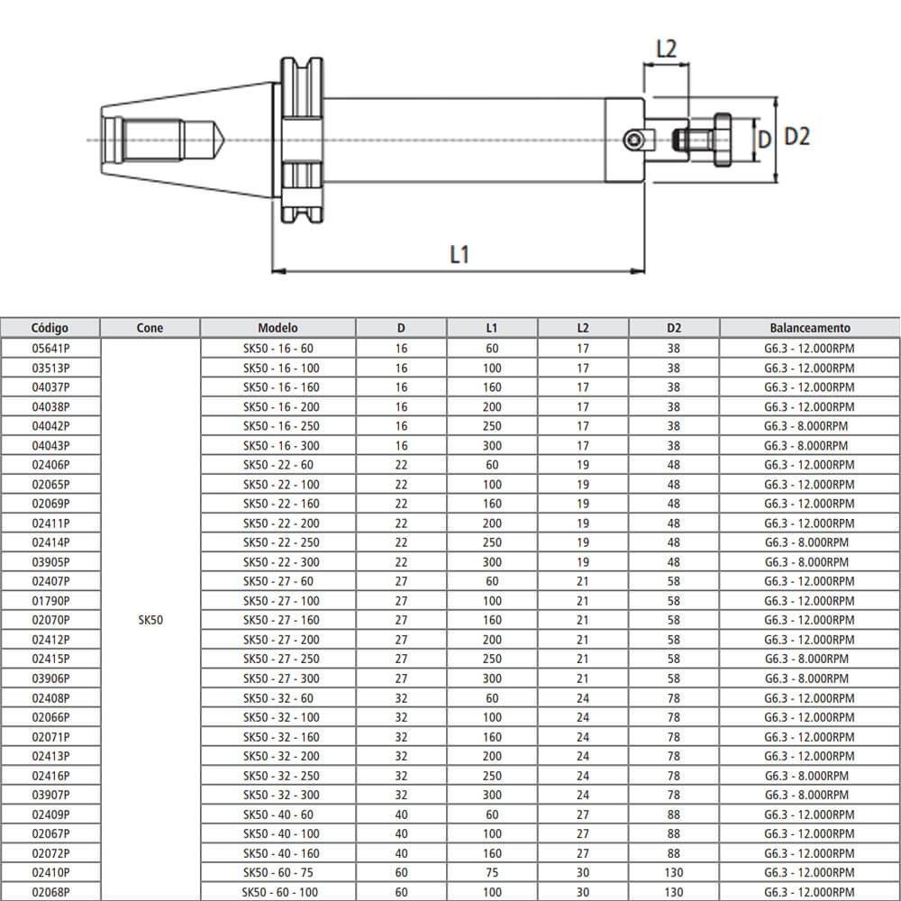 Porta Fresa Facear Modelo SK50 - 27 - 200 - DIN 69871/ DIN 3937 - Imagem