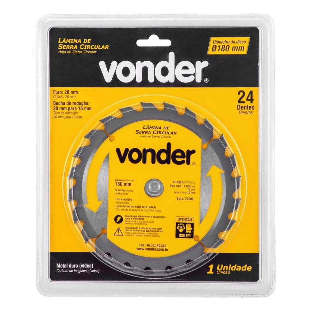 Lâmina de Serra Circular com Dentes de Metal Duro/Vídea 180 mm x 20 mm 24 Dentes VONDER-4650180240 - Imagem