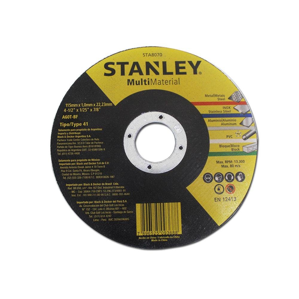 Disco De Corte Fino para Inox, Aluminio, Concreto, PVC e metais em geral  4.1/2 X 1.0 X 7/8 - Sta8070 - Stanley
-STANLEY-313164