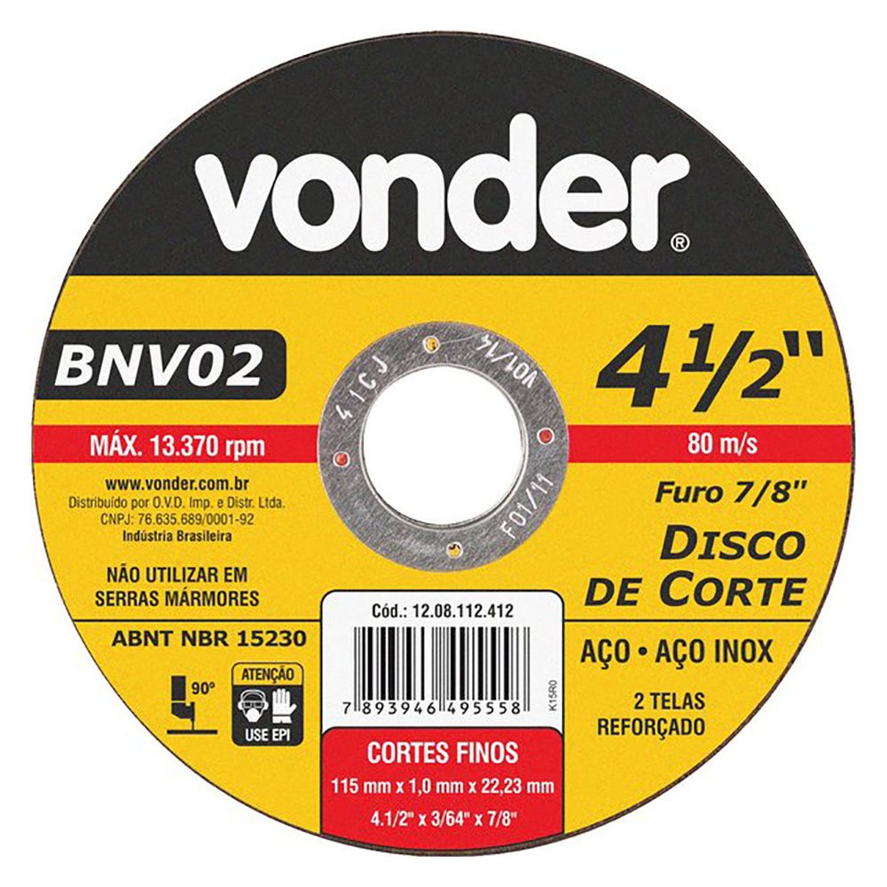 Disco de Corte Fino G 60 4.1/2 x 3/64 Pol.-VONDER-1208112412