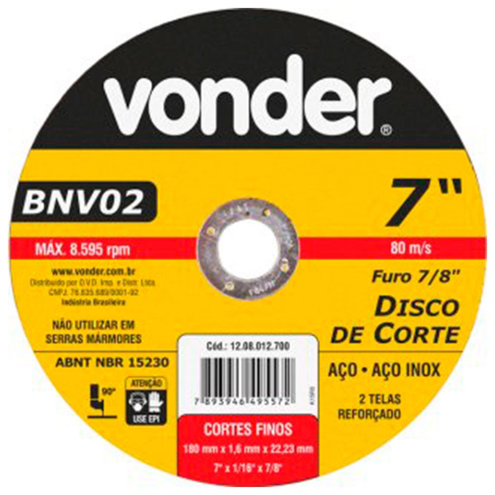 Disco de Corte 180mm para Aço Inox-VONDER-1208012700