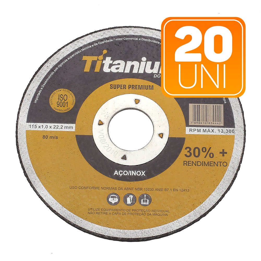 Kit com 20 Discos de Corte Fino 4.1/2 Pol. Super Premium-TITANIUM-K65
