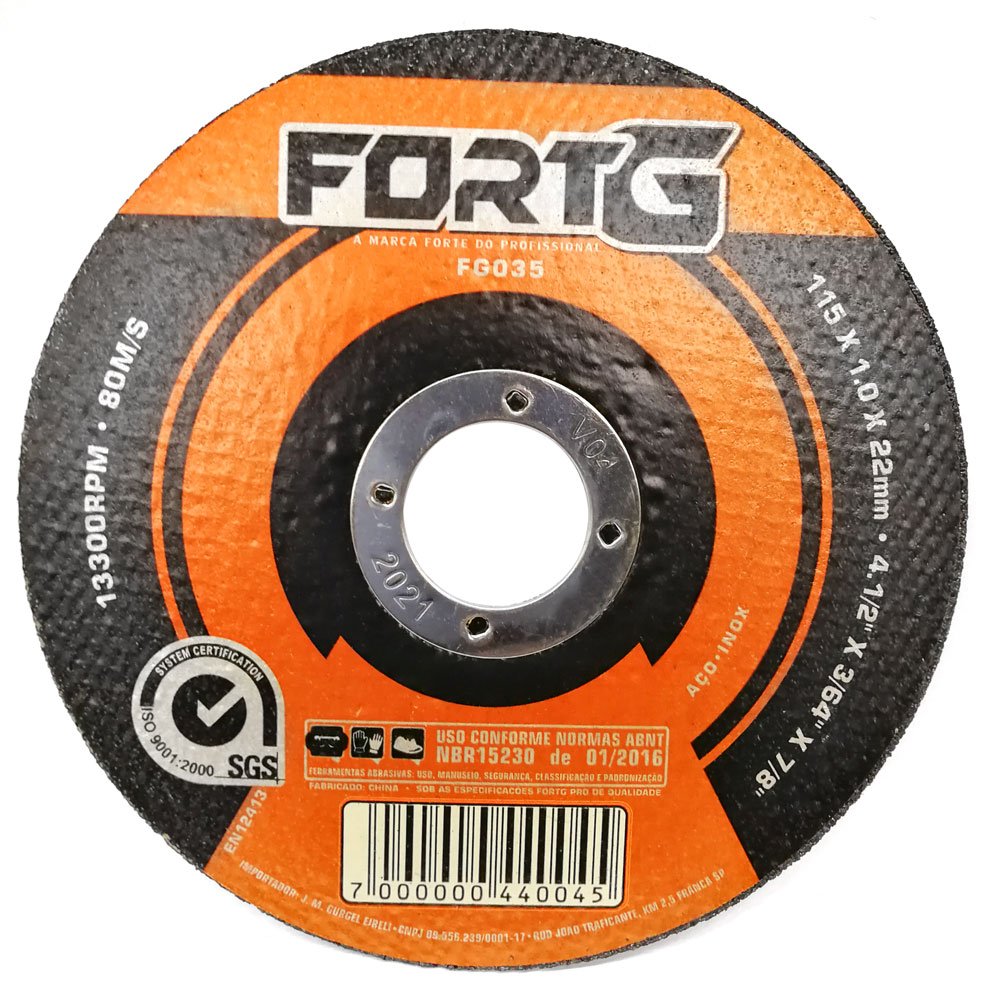 Disco de Corte Fino de Aço Inox 4.1/2 Pol. - 115 x 1.0 x 22mm CLASSE A - PROFISSIONAL-FORTGPRO-FG035
