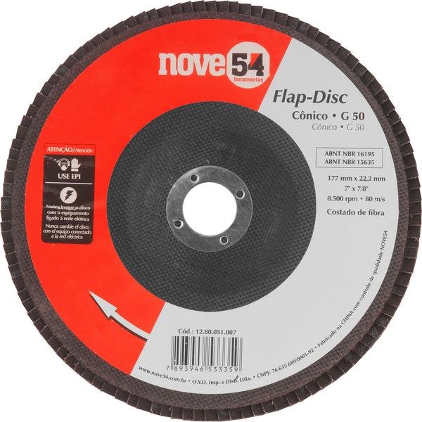 Disco de desbaste/acabamento flap-disc cônico 7 Pol. grão 50 costado de fibra NOVE54-NOVE54-1280051007