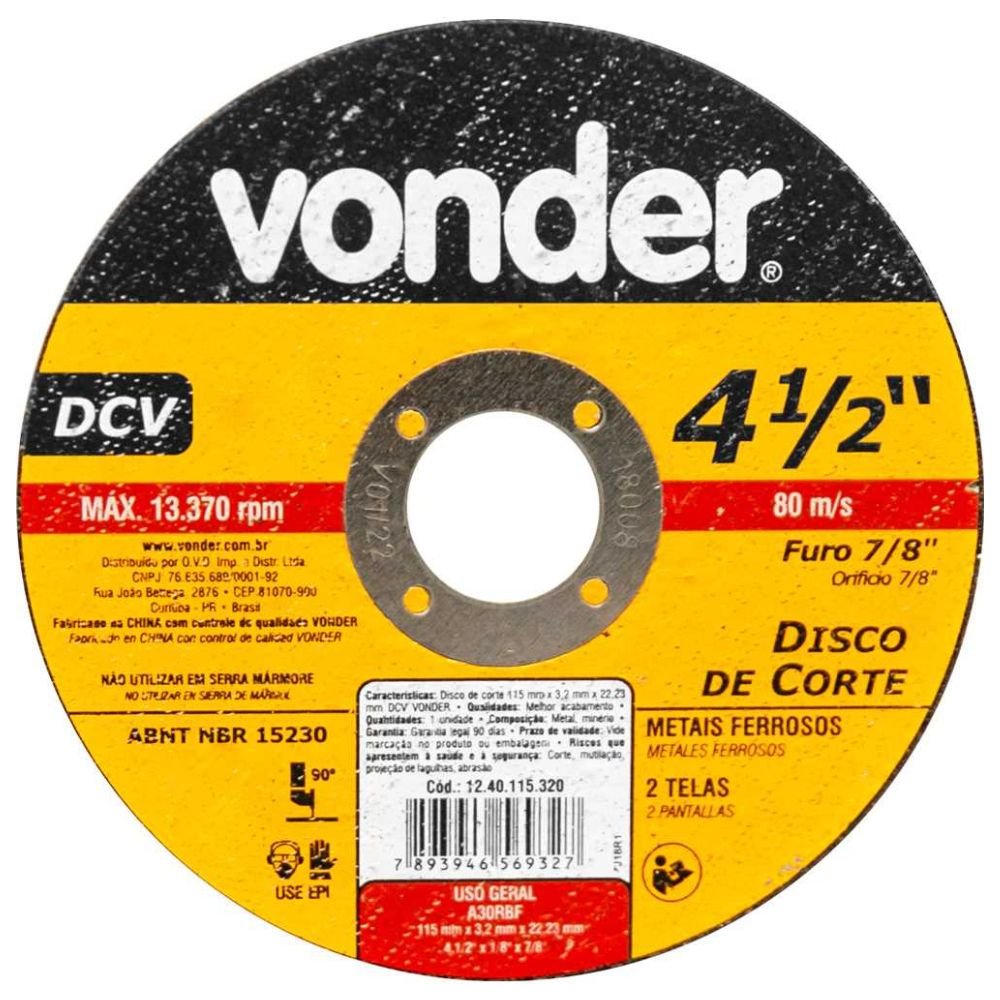 Disco de corte 115 mm x 3,2 mm x 22,23 mm DCV VONDER - Imagem zoom