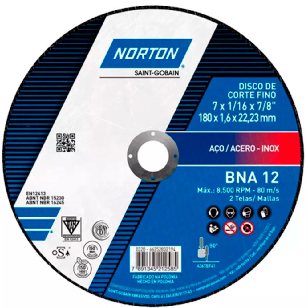 Disco de Corte BNA 12 180x1.6x22.23mm para Aço -NORTON-000000066252846559