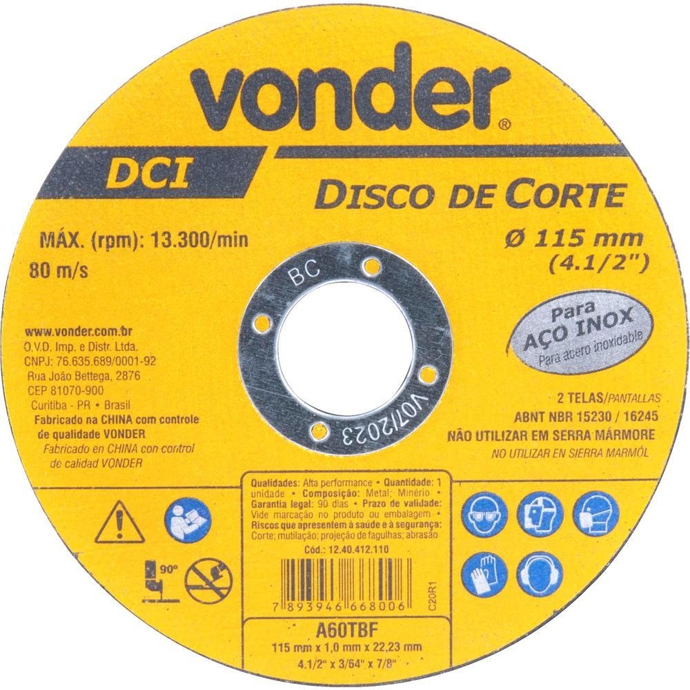 Disco de Corte 115 mm x 1,0 mm x 22,23 mm Dci Inox Vonder-Vonder-331044