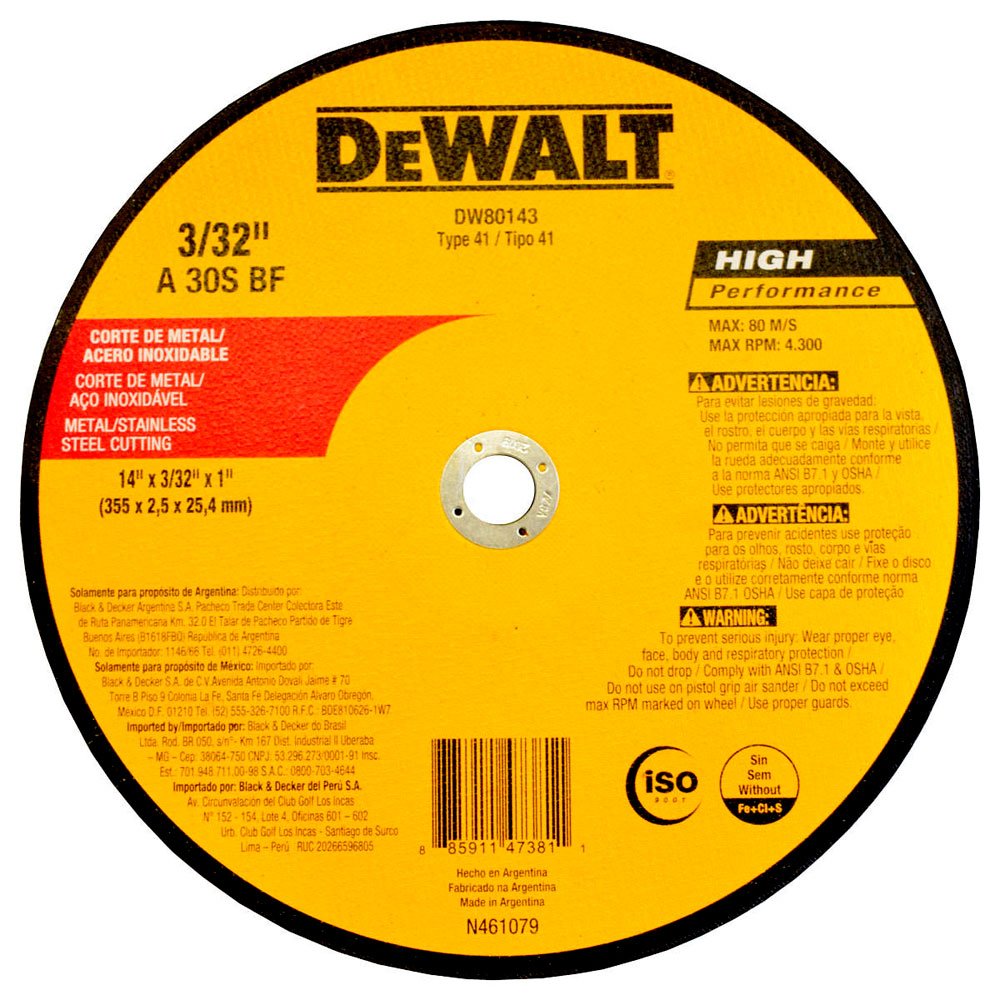 Disco de Corte Metal 14 Pol. X 2,5mm X 1 Pol.   -DEWALT-DW80143