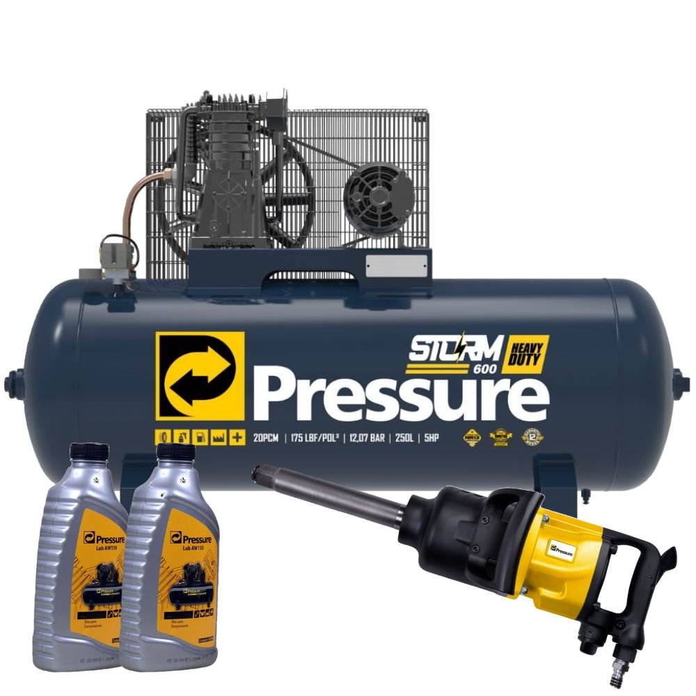 Compressor de Ar Storm 20/250 600 Heavy Duty 20 Pés 250L 220/380V + Chave de Impacto 1 Pol 3.100Nm + 2 Óleos Pressure - Imagem zoom