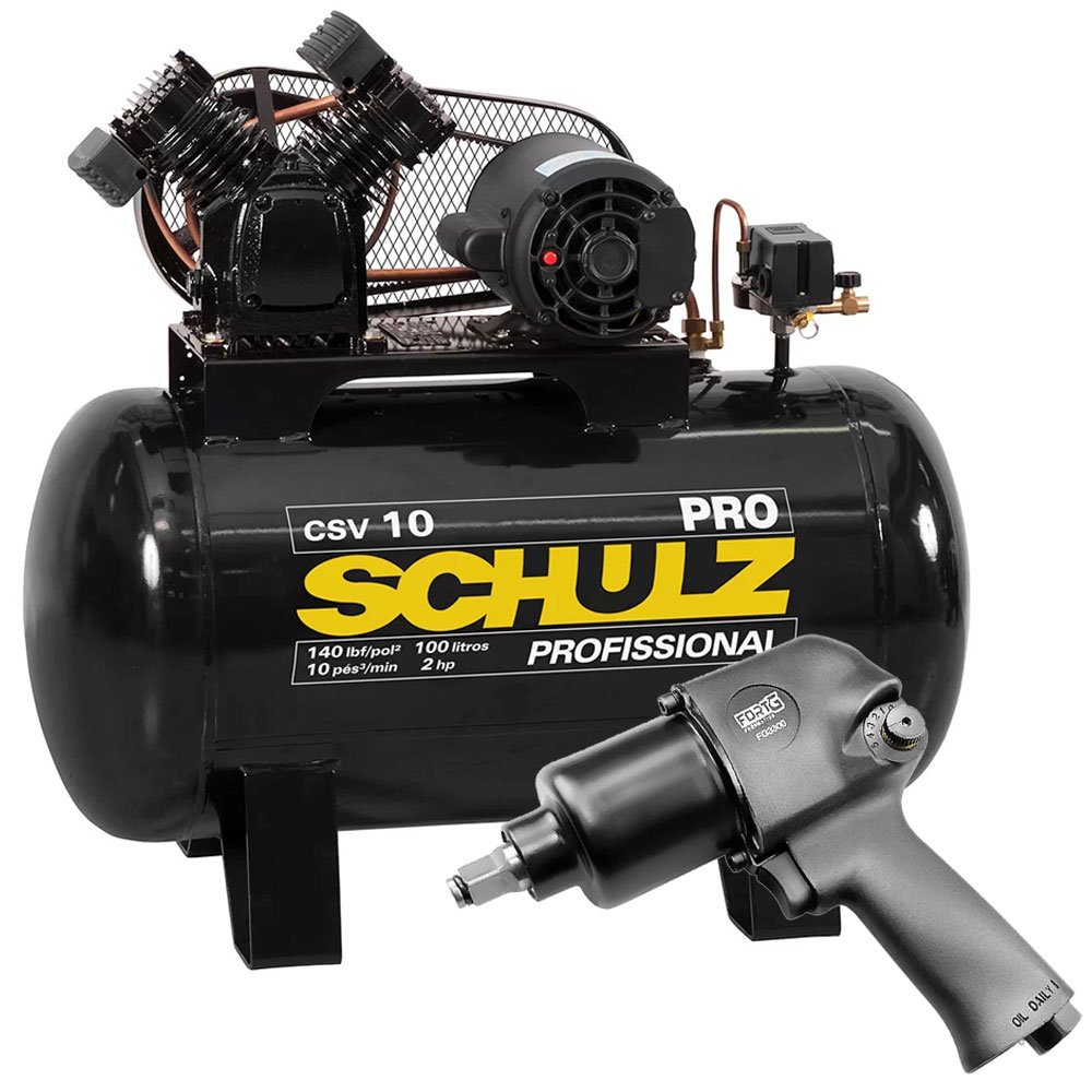 Kit Compressor de Ar SCHULZ PROCSV10/100 220V 10 Pés 100L 2HP Mono + Chave Parafusadeira de Impacto 1/2 Pol. 79,6Kgfm FORTGPRO FG3300-SCHULZ-K128K