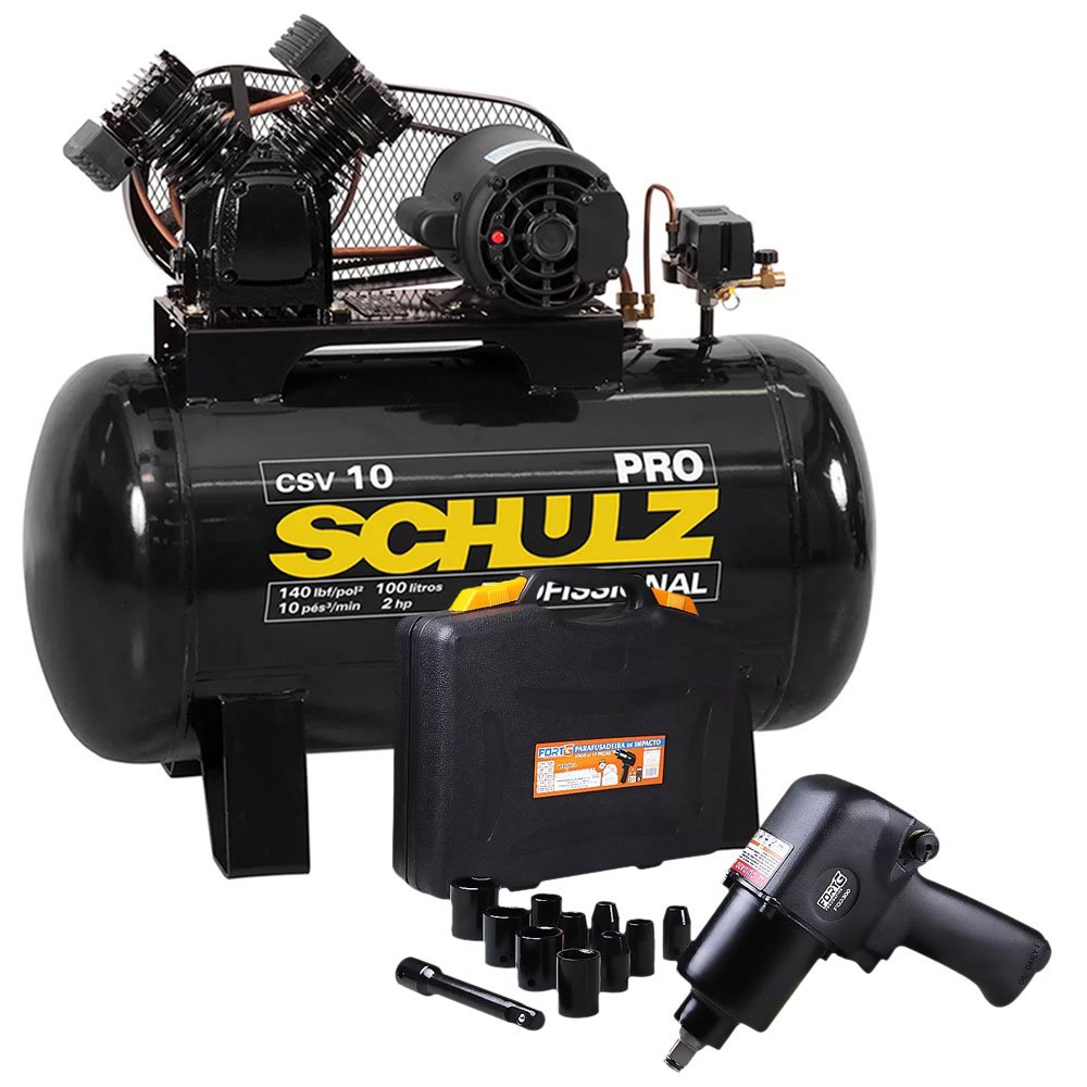 Compressor de Ar SCHULZ PROCSV10/100 110V 10 Pés 100L Mono + Chave Parafusadeira de Impacto FORTGPRO FG3300.13-SCHULZ-K12CC