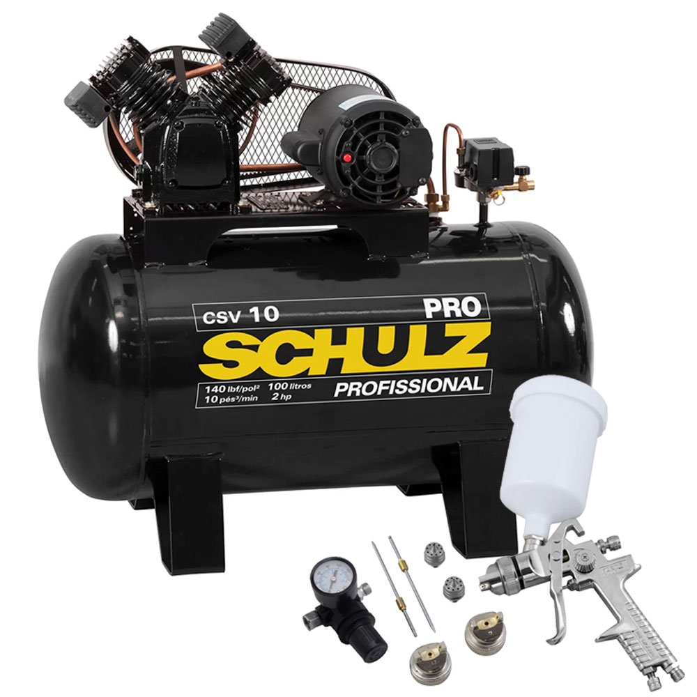 Kit Compressor de Ar SCHULZ PROCSV10/100 110V 10 Pés 100L Mono + Kit Pistola de Pintura FORTGPRO FG8640 com Reparo e Bicos-SCHULZ-K129CK
