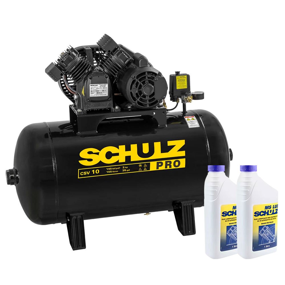 Kit Compressor de Ar SCHULZ-PROCSV10/100 10 Pés Monofásico 110V + 2 Óleos Lubrificantes SCHULZ-0100011-0 para Compressor de 1 L   -SCHULZ-K1597