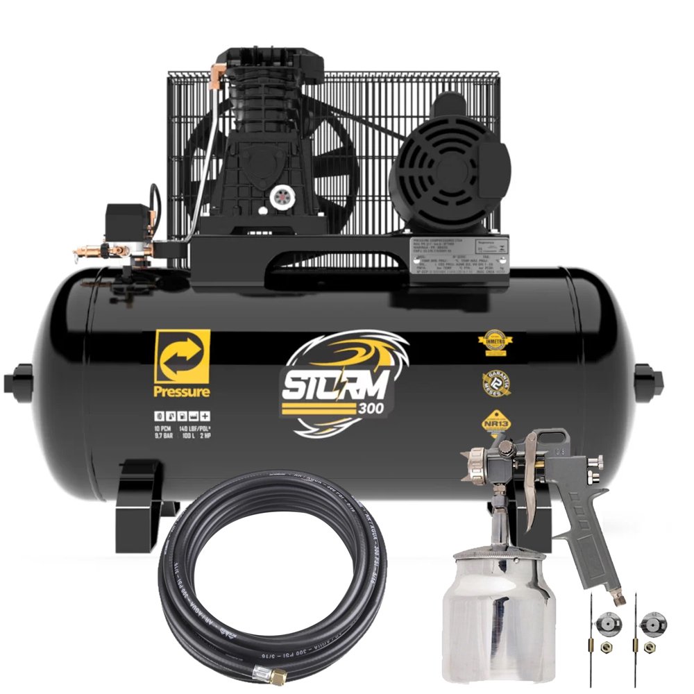 Kit Compressor de Ar Pressure 8975703011 10 Pés 100L Storm-300 + Pistola Stels 5731755 com Tanque Baixo + Mangueira Ar e Água ARCOM ARCDAL-H-5/16-10M - Imagem zoom