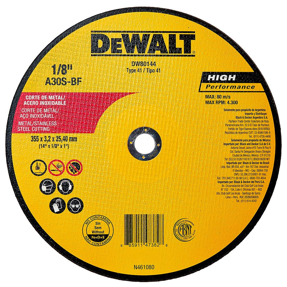 Disco de Corte Metal Inox 14 Pol. X 3,2mm X 1 Pol.  -DEWALT-DW80144