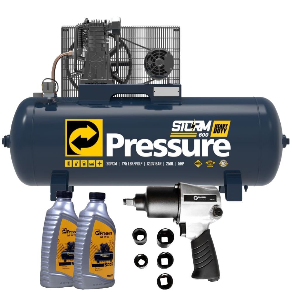 Compressor de Ar Storm 20/250 600 Heavy Duty 20 Pés 250L 220/380V + Chave de Impacto 1/2 Pol. com 5 Soquetes  Shallper+ 2 Óleos Pressure - Imagem zoom