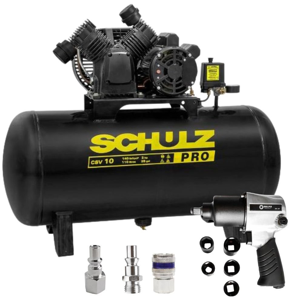 Combo Compressor de Ar SCHULZ CSV 10 Pés 110L 2HP 220V + Chave de Impacto SK 47K 1/2 Pol. 70 Kgf/m + Acessórios - Imagem zoom