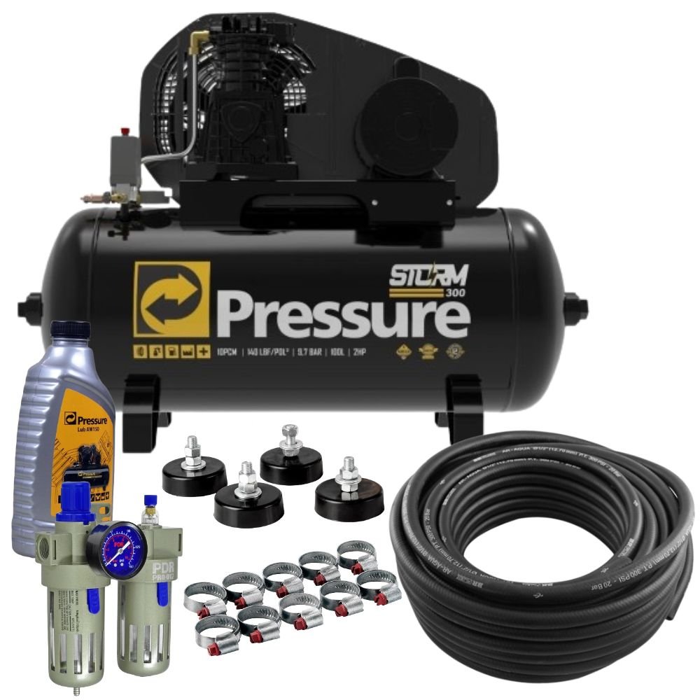 Conjunto Compressor de Ar Storm 300 10/100 300 10 Pés 2HP 100 Litros 110/220V Pressure com Filtro Regulador e Acessórios - Imagem zoom