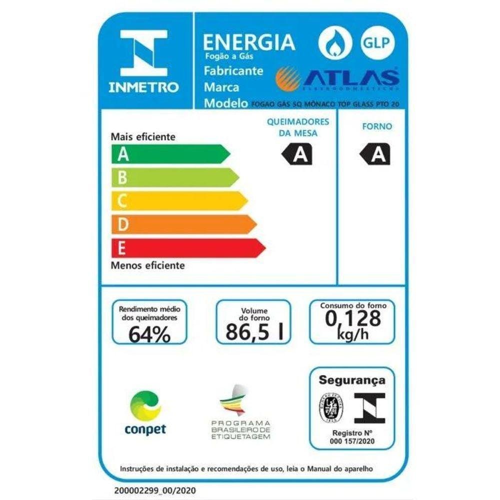 Fogão A Gas 5 Bocas Atlas Monaco Top Glass Preto Bivolt - Imagem