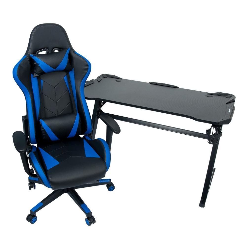 Conjunto Mesa Gamer LED Pelegrin PEL-004P Preta e Cadeira Gamer Pelegrin PEL-3019 Azul - Imagem zoom