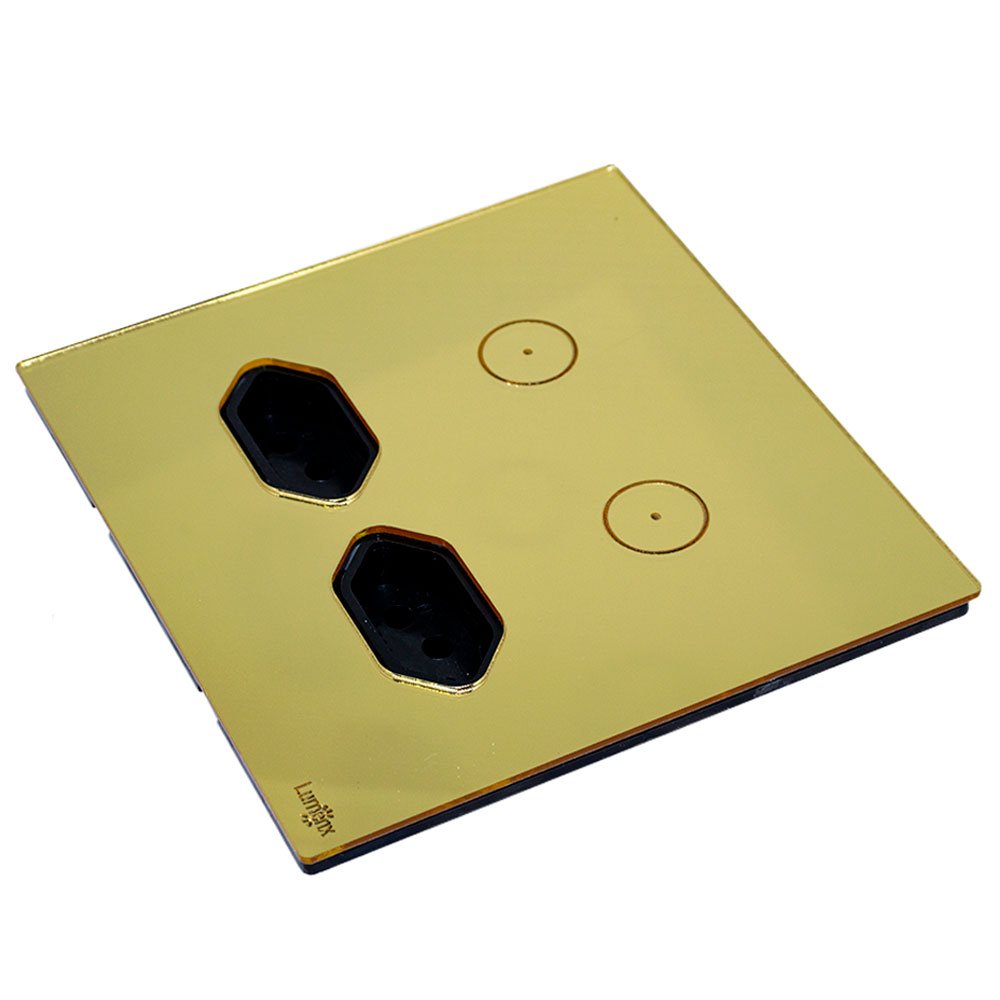 Interruptor Touch Tok Glass 2 Pads + 2 Tomadas Wi-Fi 4x4cm Dourado - Imagem zoom