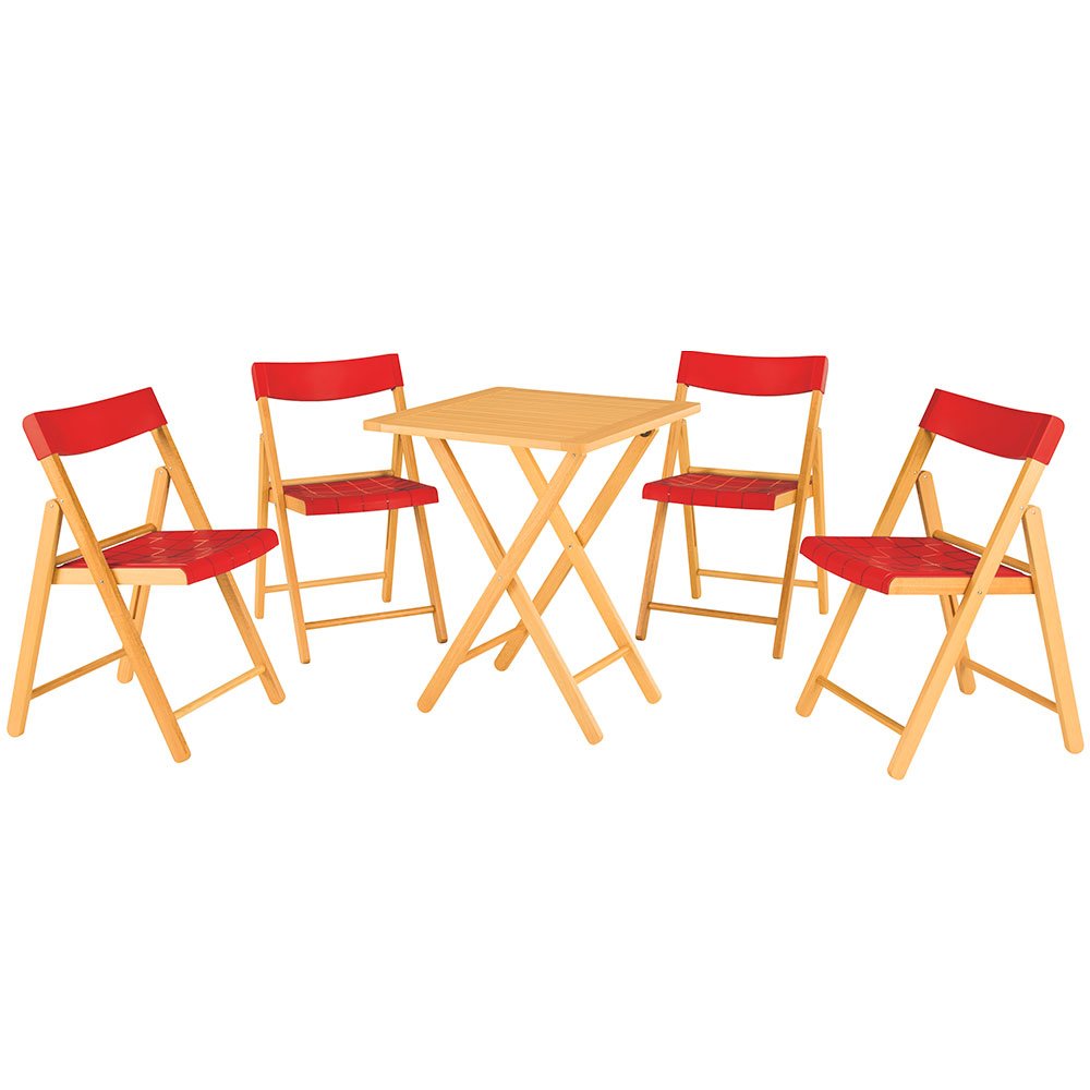 Conjunto Mesa e Cadeiras Dobráveis Potenza Verniz com Vermelho 5 Peças em Madeira -TRAMONTINA-10630032