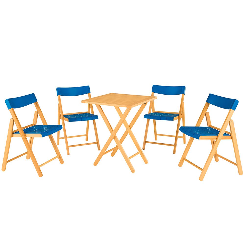 Conjunto Mesa e Cadeiras Dobráveis Potenza Verniz com Azul 5 Peças em Madeira -TRAMONTINA-10630033