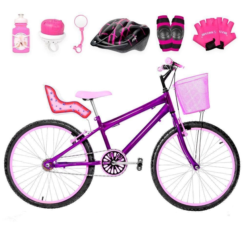 Bicicleta Aro 24 Alumínio + Kit Premium Violeta E Rosa - Imagem zoom