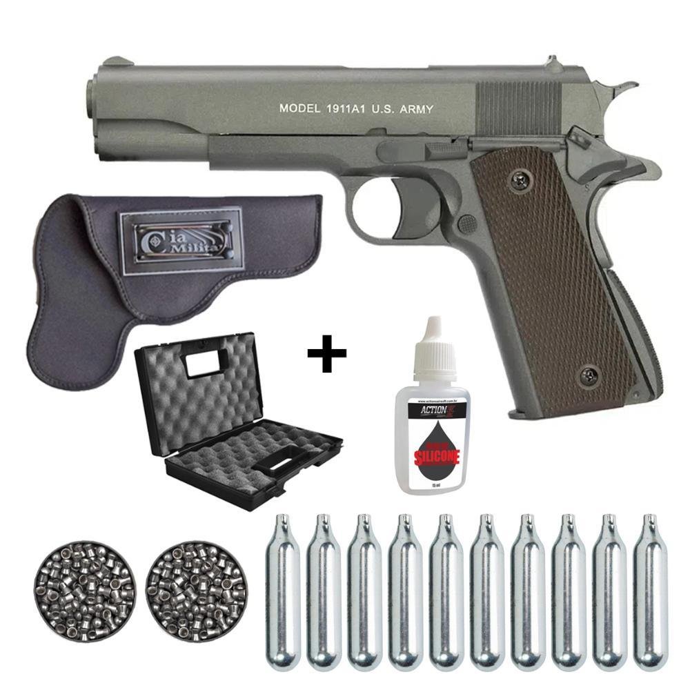 Pistola De Pressão Co2 Colt 1911 A1 Chumbinho 4.5mm - Cybergun + 10 Cilindros + 2 Chumbinhos + Coldre + Maleta + Óleo-Cybergun-305407