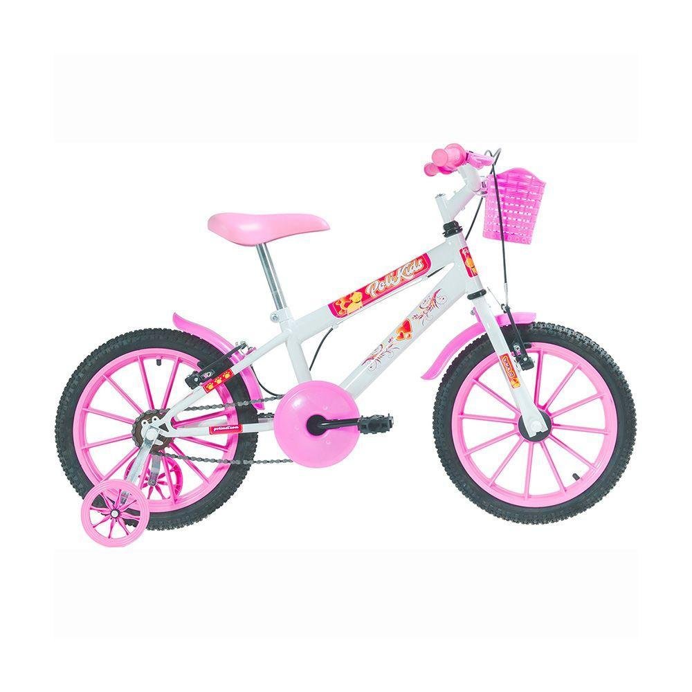 Bicicleta Polimet Infantil Polkids Freios V-Break Quadro 9/Aro 16 Branco/Rosa 7153-POLIMET-321538